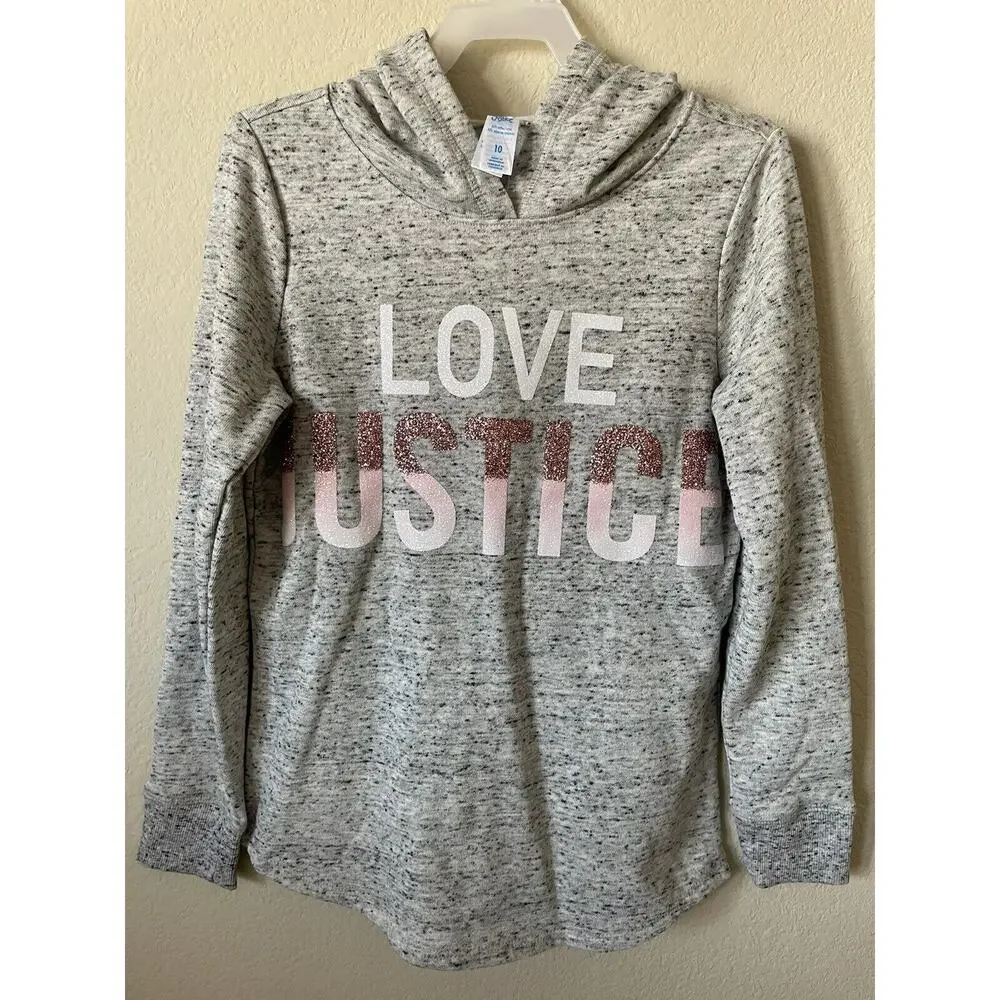 Justice Gray Pink Ombre Glitter Sparkle Love Logo Girls’ Pullover Hoodie Size 10